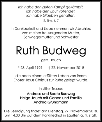 Traueranzeige von Ruth Budweg 