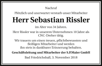 Traueranzeige von Sebstian Rissler 