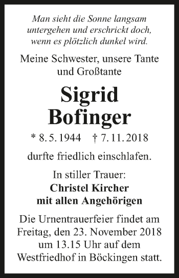 Traueranzeige von Sigrid Bofinger 