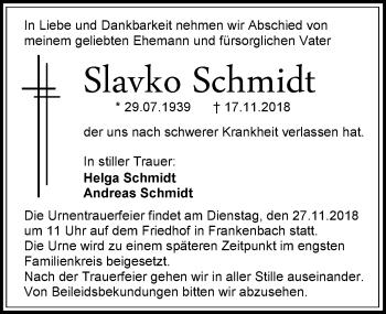 Traueranzeige von Slavko Schmidt 