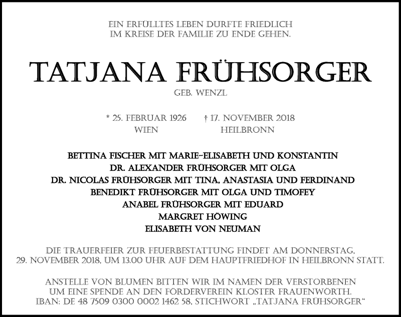 Traueranzeigen Von Tatjana Fruhsorger Www Trauerundgedenken De