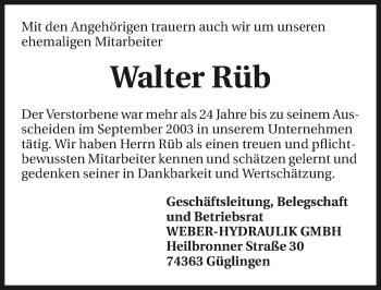 Traueranzeige von Walter Rüb 
