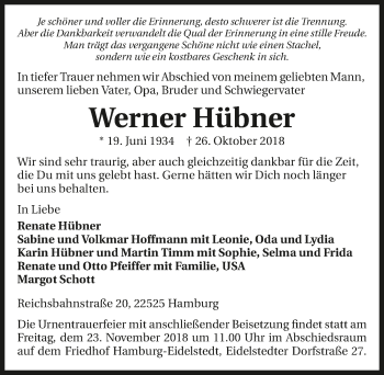 Traueranzeige von Werner Hübner 