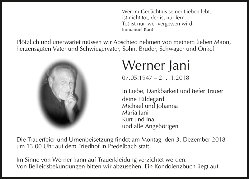  Traueranzeige für Werner Jani vom 28.11.2018 aus 