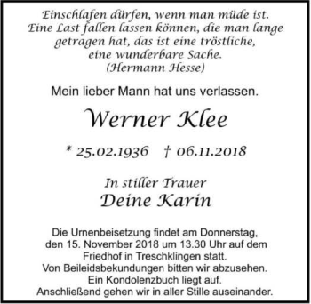 Traueranzeige von Werner Klee 