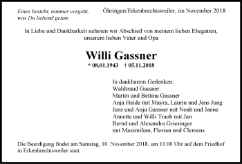 Traueranzeige von Willi Gassner 