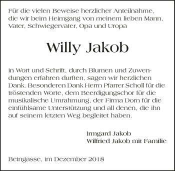 Traueranzeige von Willy Jakob 