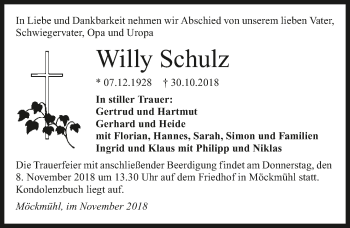 Traueranzeige von Willy Schulz 