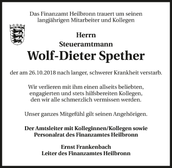 Traueranzeige von Wolf-Dieter Spether 