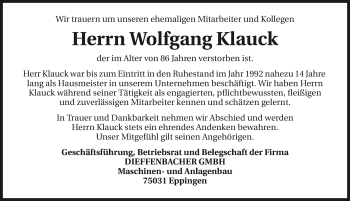 Traueranzeige von Wolfgang Klauck 