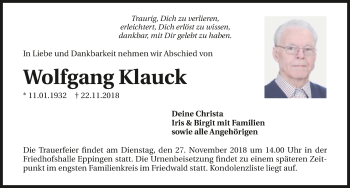 Traueranzeige von Wolfgang Klauck 