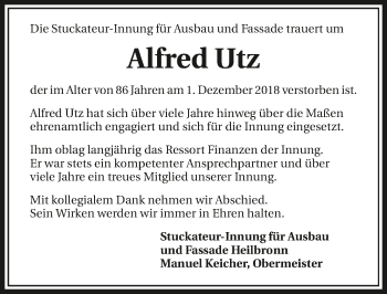 Traueranzeige von Alfred Utz 