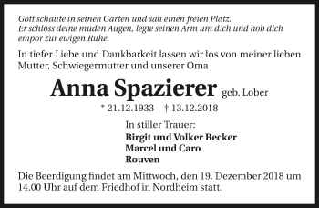 Traueranzeige von Anna Spazierer 