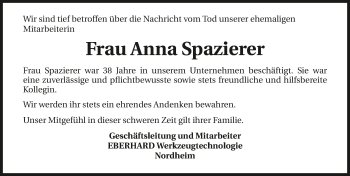 Traueranzeige von Anna Spazierer 