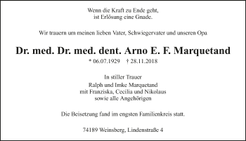 Traueranzeige von Arno Marquetand 