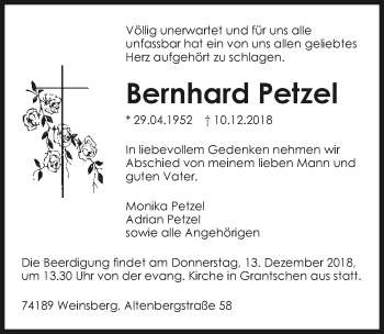 Traueranzeige von Bernhard Petzel 