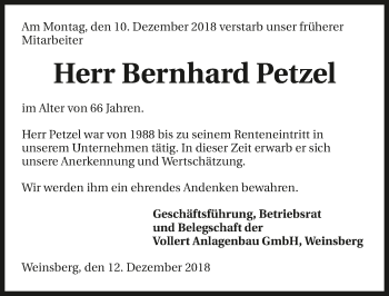 Traueranzeige von Bernhard Petzel 