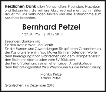 Traueranzeige von Bernhard Petzel 