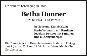 Traueranzeige von Betha Donner 