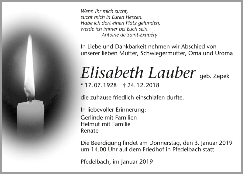 Traueranzeige für Elisabeth Lauber vom 31.12.2018 aus 