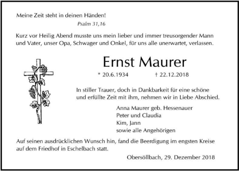  Traueranzeige für Ernst Maurer vom 29.12.2018 aus 