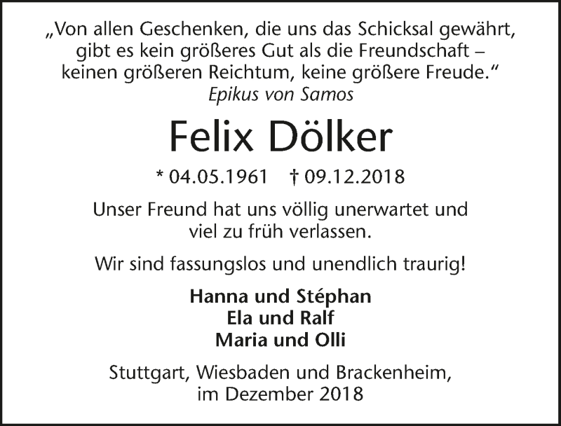  Traueranzeige für Felix Dölker vom 15.12.2018 aus 