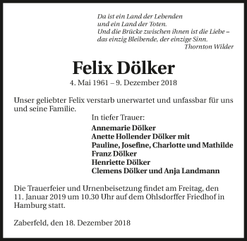 Traueranzeige von Felix Dölker 