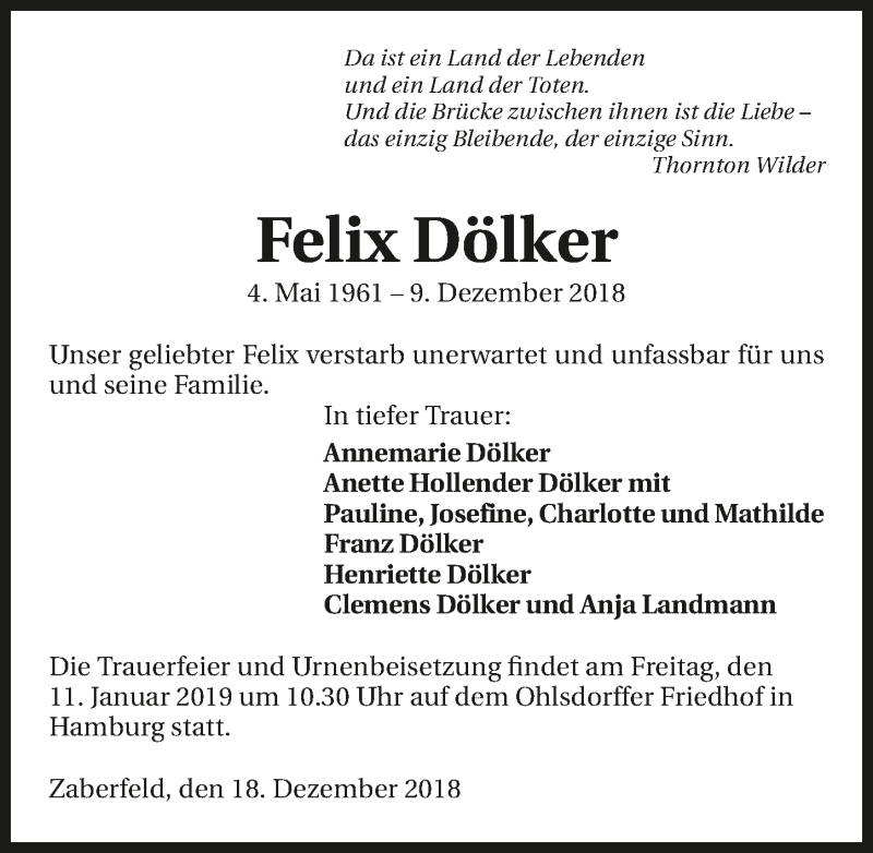  Traueranzeige für Felix Dölker vom 21.12.2018 aus 