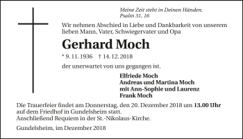 Traueranzeige von Gerhard Moch 