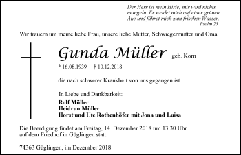 Traueranzeige von Gunda Müller 