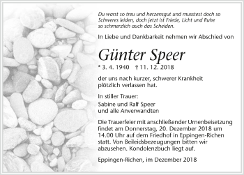 Traueranzeige von Günter Speer 