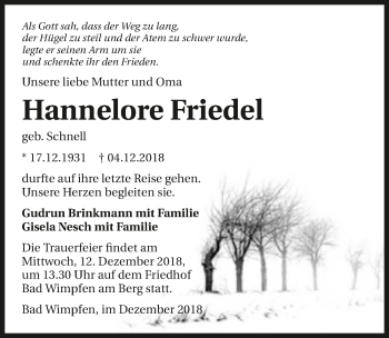 Traueranzeige von Hannelore Friedel 