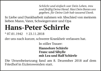 Traueranzeige von Hans-Peter Schirrle 