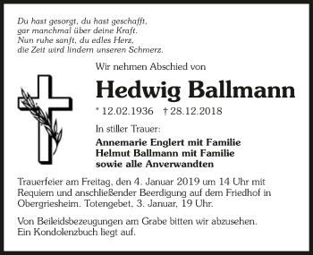 Traueranzeige von Hedwig Ballmann 