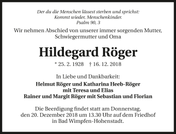 Traueranzeige von Hildegard Röger 