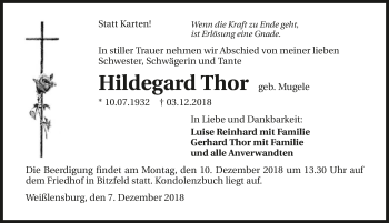 Traueranzeige von Hildegard Thor 