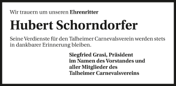 Traueranzeige von Hubert Schorndorfer 