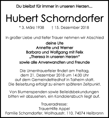 Traueranzeige von Hubert Schorndorfer 