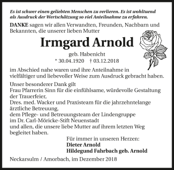 Traueranzeige von Irmgard Arnold 