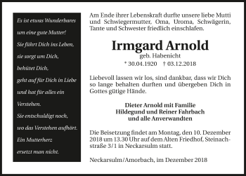 Traueranzeige von Irmgard Arnold 