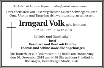 Traueranzeige von Irmgard Volk 