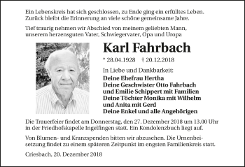 Traueranzeige von Karl Fahrbach 