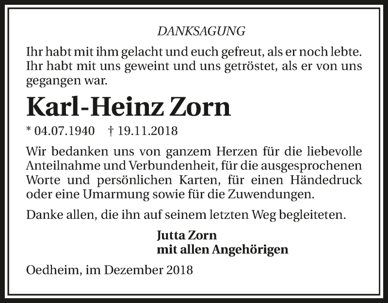  Traueranzeige für Karl-Heinz Zorn vom 15.12.2018 aus 