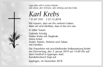 Traueranzeige von Karl Krebs 