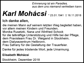 Traueranzeige von Karl Mohacsi 