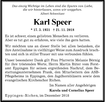 Traueranzeige von Karl Speer 