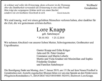 Traueranzeige von Lore Knapp 