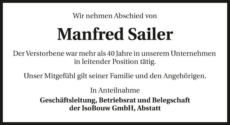  Traueranzeige für Manfred Sailer vom 22.12.2018 aus 