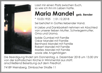 Traueranzeige von Maria Mandel 