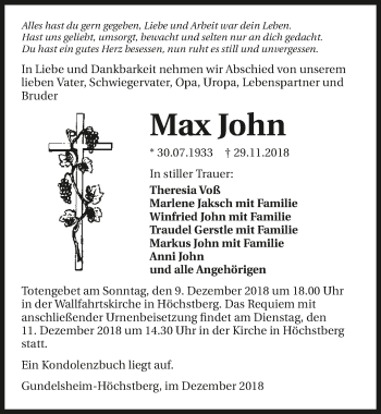 Traueranzeige von Max John 